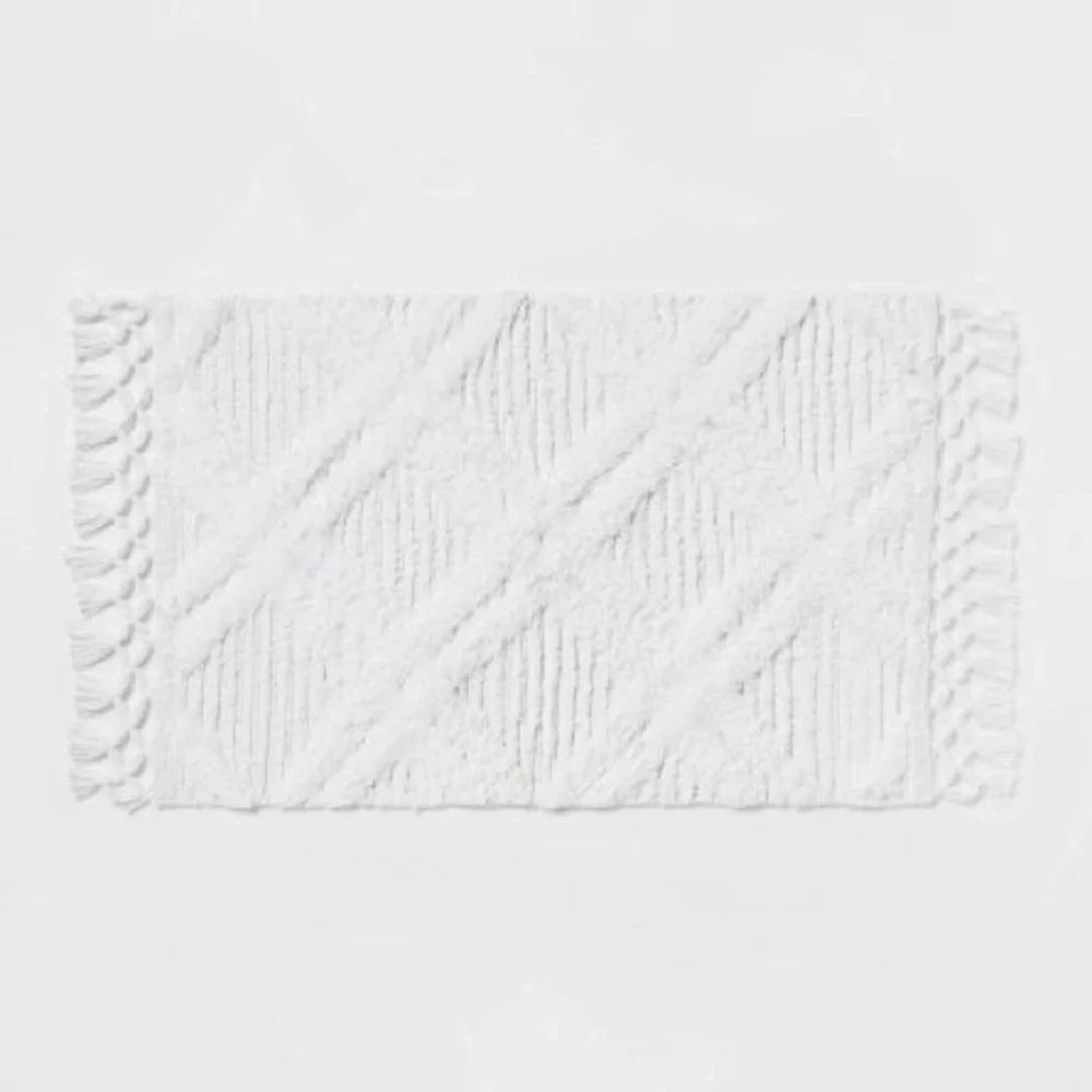 Threshold Diamond Embossed Tasseled Woven Bath Rug White 20 x 36”